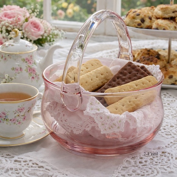 Other - Blush Pink Hand Blown Crystal Glass Basket Vase, Tea Serving Bowl, Cottagecore